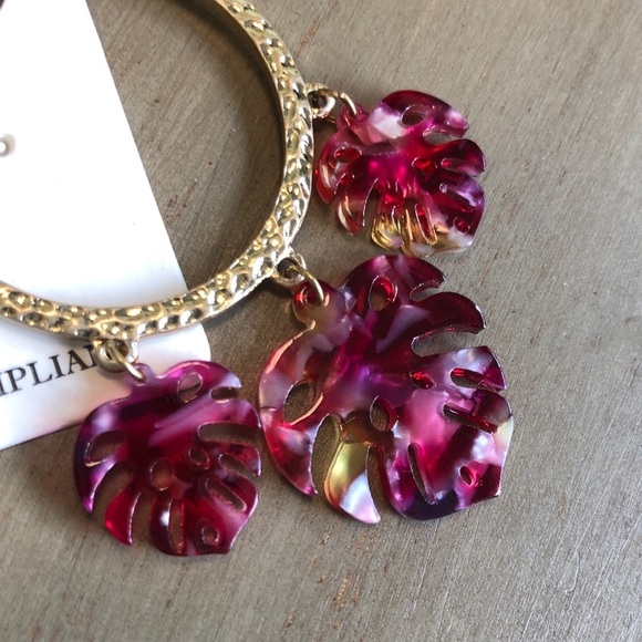 Gold Hoops with Pink Dangle Leaves Earrings - Picture 3 of 3